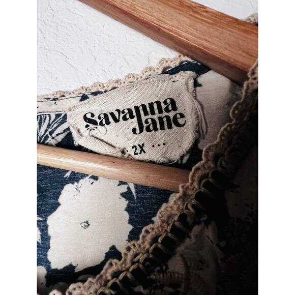 Savanna Jane 2X Embroidered Boho Peasant Top Blue Floral Tassel Sleeve Tunic - Picture 8 of 13